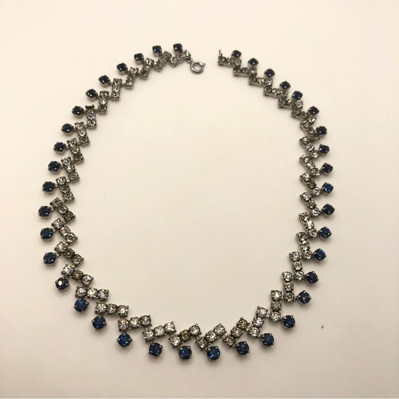 Vtg Blue & White Rhinestone Necklace 15” Unmarked - Picture 5 of 6